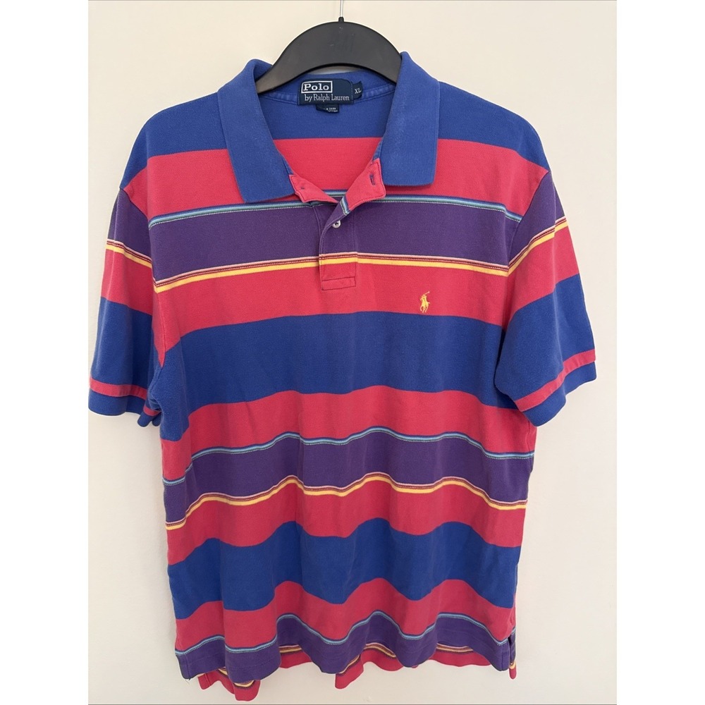 Vintage Polo Ralph Lauren Polo Shirt Mens XLarge Blue Pink Striped Short Sleeve